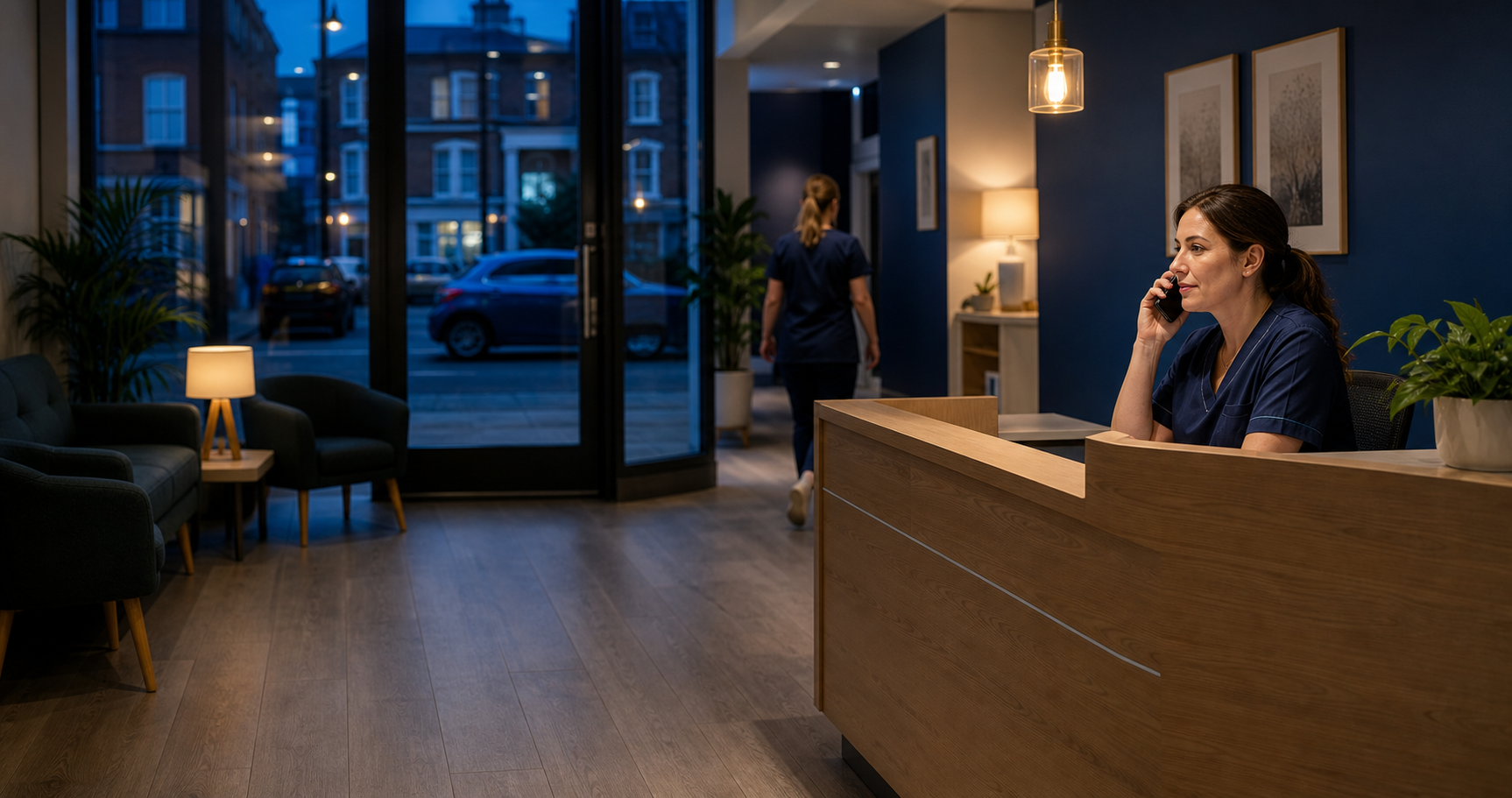 Veterinary practice reception during an evening shift